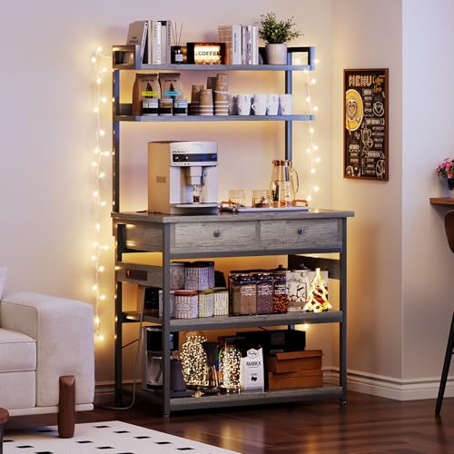 Mexin Baker's Rack with Power Outlet, 5-Tier Kitchen Storage Shelf with 2 Drawers, Industrial Microwave Stand Coffee Bar Station, 58.5" Heavy Duty Utility Rack for Spice Pots and Pans, Gray Oak - color: Gray Oak