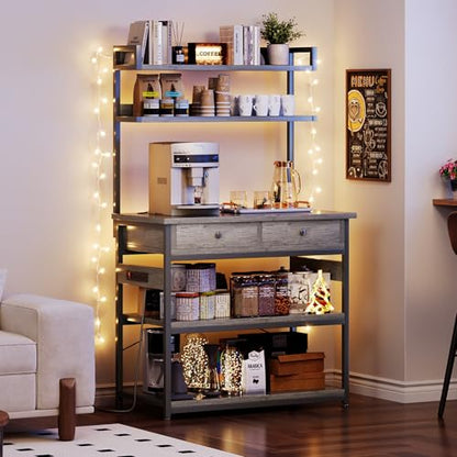 Mexin Baker's Rack with Power Outlet, 5-Tier Kitchen Storage Shelf with 2 Drawers, Industrial Microwave Stand Coffee Bar Station, 58.5" Heavy Duty Utility Rack for Spice Pots and Pans, Gray Oak - color: Gray Oak