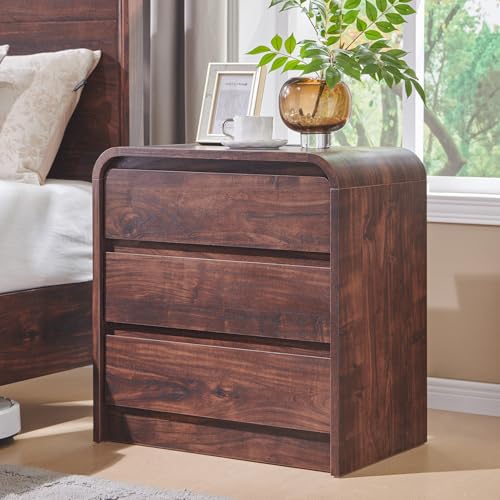Aitjunz 25" Tall Modern Nightstand with Charging Station, 23.6'' Wide Wood Bedside Table w/3 Storage Drawers, Small Dresser w/Curved Profile Design, End Table for Bedroom, Brown - color: Brown
