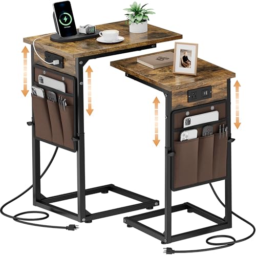 C-Shaped End Tables Set of 2 with Charging Station, 33'' Tall C Table Adjustable Height Side Table, Sofa Table for Couch, Couch Table that Slide Under Sofa, TV Trays for Living Room, Brown - color: 2pc Rustic Brown, style: With Plug