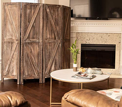 Premium Home 4-Panel Room Divider – Rustic Brown Barn Door, K Pattern Folding Privacy Screen, Partition Wall - color: Barnwood Brown - K Pattern - 4 Panel