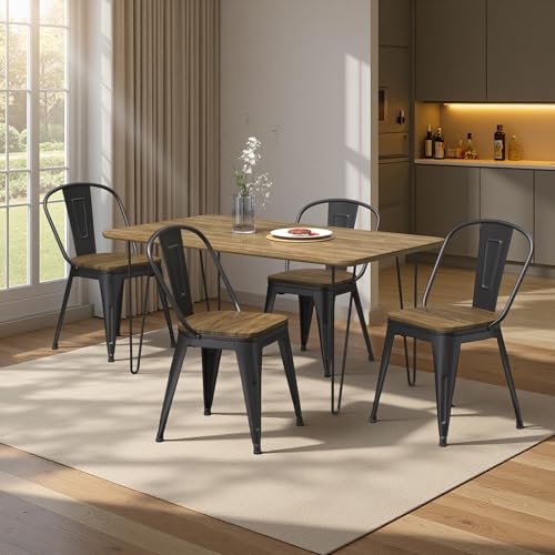 18 Inch Dining Chairs Set of 4, Farmhouse Metal Chairs with High Back and Wooden Seat, Stackable Industrial Bar stools for Dining Room(Black) - color: Black