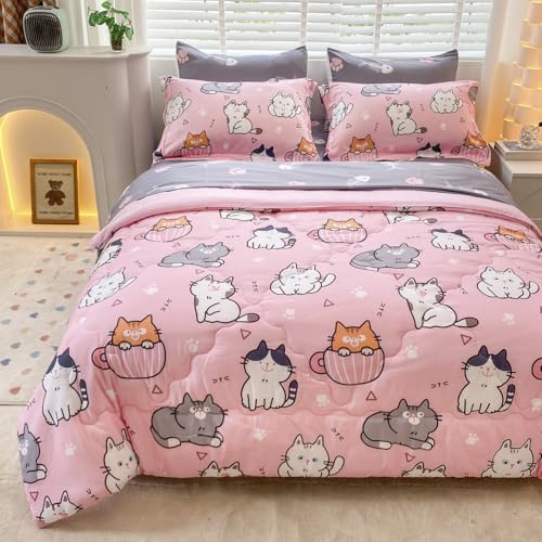 7 Piece Girls Cats Bedding Comforter Set Twin Size for Kids Bed in A Bag Pink Cute Cartoon Pet Cat Bedding Set for Boys Teens (1 Comforter, 1 Flat Sheet, 1 Fitted Sheet, 4 Pillow Sham) Gray - color: Cat, size: Twin