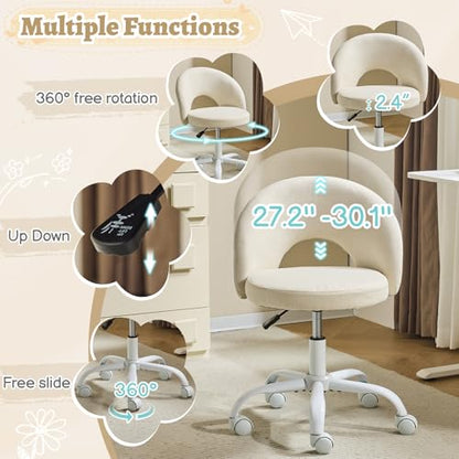 VINGLI Small Vanity Chair with Wheels for Girls.Cute Modern Adjustable Height Armless Office Desk Chair.360°Swivel Comfy Rolling Chair for Study, Make up Room,Small Space,Linen Light Yellow - color: Linen Light Yellow