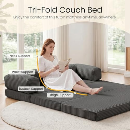 Erament Futon Sofa Bed Queen, Convertible Tri Folding Mattress Couch Bed Foldable with Removable Armrests & Washable Cover, Floor Mattress with High-Density Foam, Small Couch Bed, Queen, Grey - color: Grey, size: Queen