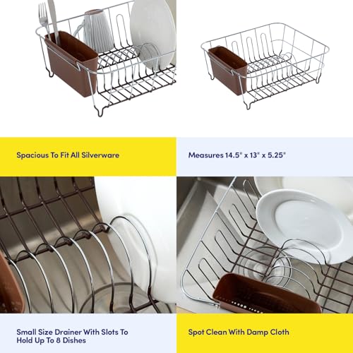 Dish Drying Rack & Cutlery Holder 2 Piece Set - Compact Sink-Fitting Dish Drainer with Rubberized Undercoating, Space-Saving Kitchen Organizer for Plates, Cups, Bowls & Utensils in Sink, Bronze Brown - color: Bronze