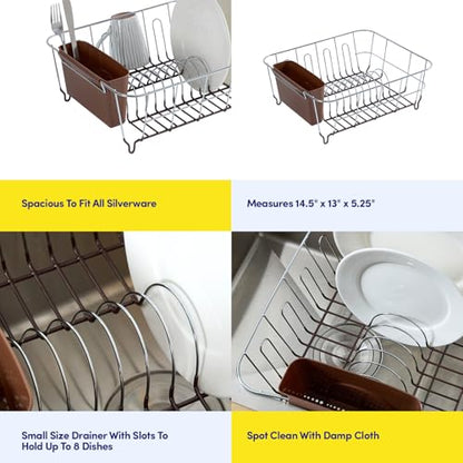 Dish Drying Rack & Cutlery Holder 2 Piece Set - Compact Sink-Fitting Dish Drainer with Rubberized Undercoating, Space-Saving Kitchen Organizer for Plates, Cups, Bowls & Utensils in Sink, Bronze Brown - color: Bronze