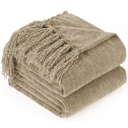 Chenille Throw Blanket for Couch - Soft Knit Blankets 60"X80" | Cozy Warm Lightweight Boho Decorative Knitted Blankets with Tassels for Bed and Sofa,Taupe - color: Taupe, size: 60"x80"