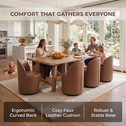 HNY Upholstered Kitchen & Dining Room Barrel Chair, Mid Century Modern Round Leather Dining Chair, 360 Degree Swivel Comfy Armless Accent Makeup Vanity Side Chair for Bedroom Living Room, Brown - color: Brown