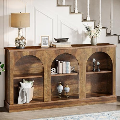 Tribesigns Arched Console Table, 63" Wooden Entryway Table with Storage | Farmhouse Long 3-Tier Sofa Table Behind The Couch for Entrance, Hallway, Living Room, Foyer, Brown - color: Rustic Brown