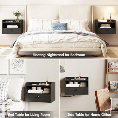 Floating Nightstand Set of 2 Modern Night Stands with Drawer and Open Shelf | Cubby Small Bedside End Table with Charging Station Wall Mounted Nightstands Set 2 for Bedroom Black - color: Black