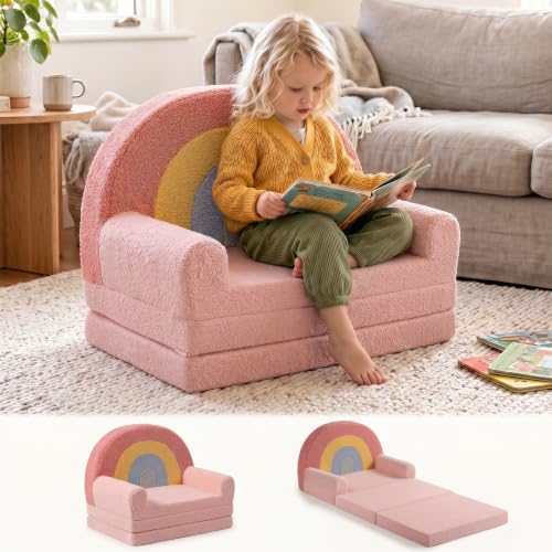 little dove Extra Wide Soft Kids Couch Fold Out, 2-in-1 Kids Couch, Convertible Kid Sofa, Kid Furniture for Playroom, Ideal Gifts for Boys & Girls Ages 3+, Pink