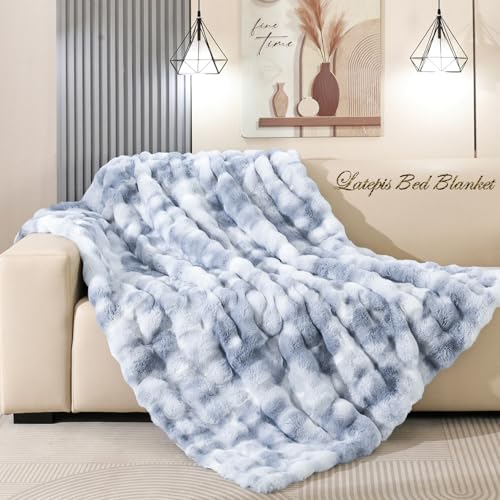 Latepis Faux Fur Fluffy Blanket for Couch, Super Soft Luxury Faux Fur Bubble Plush Thick Warm Cozy Fuzzy Twin Blanket for All Seasons, 60” x 80”, Tie-dye Blue, 860GSM - color: Tie Dye Blue, size: Twin-60''*80''