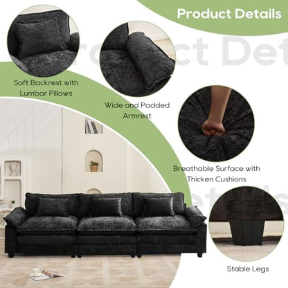 120" Modular Sectional Sofa, Comfy 3 Seater Deep Cloud Couch | Couches for Living Room, Modular Couch, Deep and Wide Seat, Chenille Sofa Sleeper with Throw Pillows, Black - color: Black, size: 120 Inch