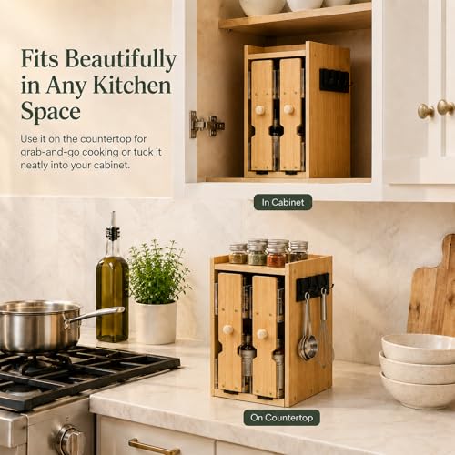 Pull Out Spice Rack Organizer for Cabinet or Countertop, Bamboo | 2-tier bamboo spice organizer with dual pull-out shelves for cabinets, countertops, pantries and coffee bars