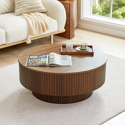33" Round Coffee Table with Lift-Top & Flip-Top Storage, Modern Accent Fluted Coffee Tables with Metal Frame, Wooden Circle Center Table for Living Room Small Space Apartment Office (Walnut) - color: Walnut 33" Round Lift-top & Flip-top