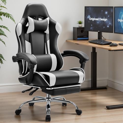 Sweetcrispy Gaming Chair, High Back Office Chair, Home Office | PU Leather Ergonomic, Adjustable Headrest Footrest, Linkage Armrest, Video Racing, White - color: Pu White