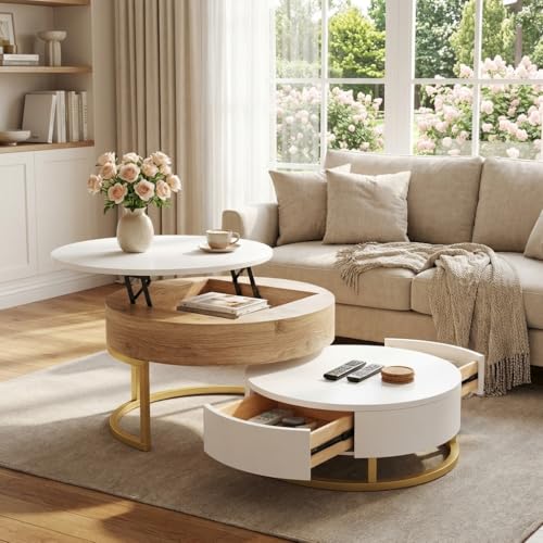 Modern Round Lift-top Nesting Coffee Tables with 2 Drawers for Living Room White & Natural - color: Oak Natural Wood + Antique White