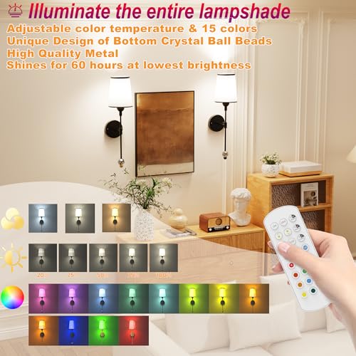 PAIHOME Wall Sconces Set of Two Battery Operated Black Wall Decor Lights | Battery Powered, Large Capacity, Wireless,Rechargeable,15 Color Modes, Memory Function, Mid-century Design,Smart Timer - color: Black