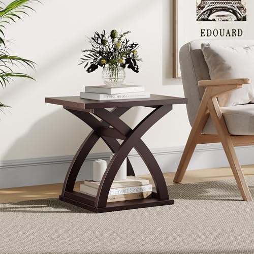 ChooChoo Side Table, Modern End Table with Storage Shelf, X-Design | Simple shape, Living Room, Brown - color: Espresso, size: 15.7"D x 21.7"W x 19.6"H