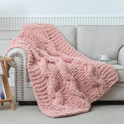 WESHIONGOO Chunky Knit Blanket Throw for Couch Bed 50"×60" Pink | 100% Handmade Knitted Throw blanket Fluffy Soft Blanket With Jumbo Chenille Yarn Thick - color: Pink, size: 50"x60"