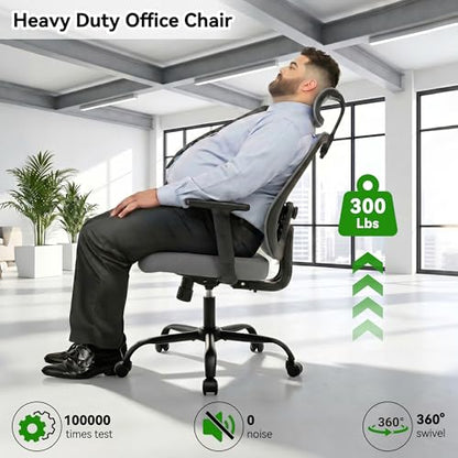 Office Chair with Mesh High Back, Ergonomic Office Desk Chair with Adjustable Lumbar Support, Rolling Work Chairs with Wheels and Headrest, Grey - color: Grey