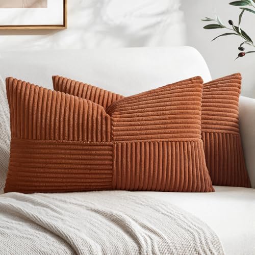 MIULEE Fall Rust Decorative Lumbar Throw Pillow Covers 12x24 Inch 2 Pack | Boho Farmhouse Pillow Covers, Soft Cross Corduroy Patchwork Textured Cushion Cases For Bed Sofa - color: Rust, size: 24" x 12" (Pack of 2)