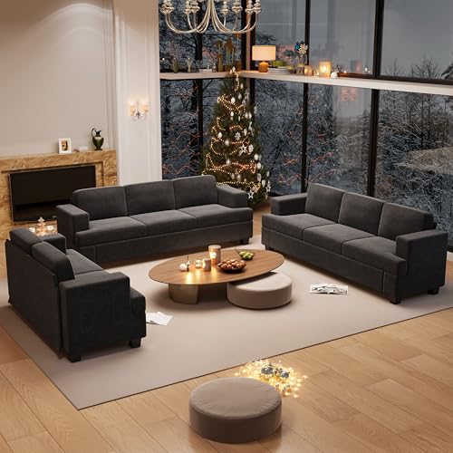 YOUDENOVA Sofa, 3 Piece Set Comfy Sofa, Loveseat & 2 3-Seater Couch with Deep Seats for Living Room, Modern Sleeper Couch, Dark Grey Chenille - color: Dark Grey Chenille, size: 3-Seater*2+Loveseat