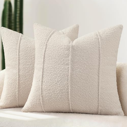 YCOLL Textured Boucle Throw Pillow Covers 16x16 Pack of 2 - Soft Neutral Striped Cushion Covers, Cozy Accent Decorative Pillow Covers for Couch, Sofa, Bed, Living Room (Beige) - color: Beige, size: 16" x 16" (Pack of 2)