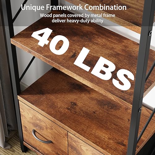 Shintenchi 5 Tier Bookshelf with Drawers, Display Standing Shelf Units, Wood and Metal Bookshelves Storage Organizer, Bookcase for Home Office Bedroom, Kitchen, Living Room, Rustic Brown - size: 23.8'' W x 12'' D x 62.4'' H-2 Drawers