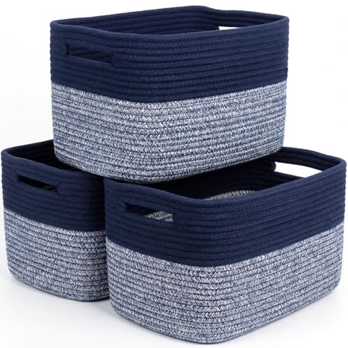 Storage Baskets for Organizing, 14 x 10 x 9” Closet Shelf Woven Baskets, Square Bins with Handles, Cotton Rope Basket for Clothes, Office, Room, Grey+Blue 3 Pack - color: Grey+Blue, size: 3pcs