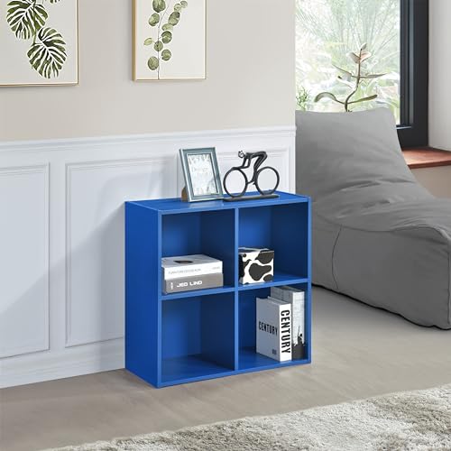 Kings Brand Furniture George 4-Cube Storage Organizer, 2-Tier Bookcase with Wood Shelves for Living Room, Bedroom, Nursery, or Home Office (Blue) - color: Blue