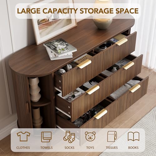 Decofy Fluted 6 Drawers Dresser, 55'' Wide Mid Century Modern Chest of Drawers with Sliding Door & Metal Handles, Curved Profile & Sturdy Legs, Wood TV Stand for Bedroom, Living Room (Walnut)