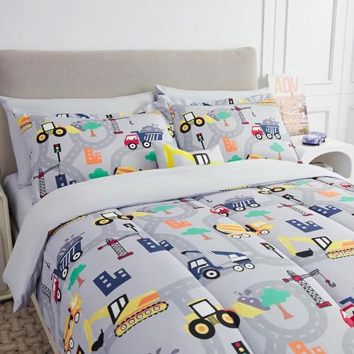 Kids Full Comforter Sets for Boys 8 Pieces Excavator Grey Bedding Set for Teens Soft Microfiber Kids Bed in A Bag with Comforter, Sheet Set, Shams and Decorative Toy Pillow All Season - color: Excavator, size: Full