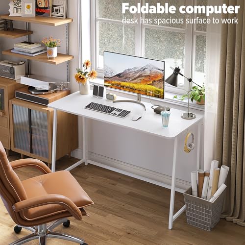 WOHOMO Folding Desk, 47.2" Foldable Computer Desk for Bedroom, Space Saving Computer Table Writing Workstation for Home Office, Easy Assembly, White | Easy Assembly and Fold, Sturdy Home office desks for Study Bedroom Dorm Space Saving Writing Work Apartm