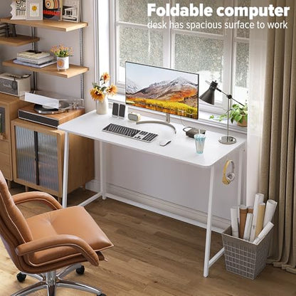 WOHOMO Folding Desk, 47.2" Foldable Computer Desk for Bedroom, Space Saving Computer Table Writing Workstation for Home Office, Easy Assembly, White | Easy Assembly and Fold, Sturdy Home office desks for Study Bedroom Dorm Space Saving Writing Work Apartm