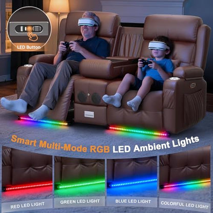 Home Theater Seating, Power Loveseat Recliner Sofa with Massage & Heat | Wall Hugger Reclining Loveseat with USB, RV Couch with LED Lights, Flip Backrest, Cup Holders for Movie Theater, Gaming Room - color: Brown, size: 72" - 2 Seats