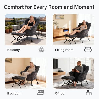 Modern Lazy Chair with Ottoman Lounge Accent Reading Chair for Living Room | Foldable Footstool,Removable Cover,Soft Padded Seat & Backrest,Upholstered Comfy Chair for Bedroom,Dorm,Office,Small Space - color: Plush Dark Grey