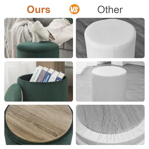 Round Storage Ottoman with Tray Lid | Upholstered Vanity Stool for Makeup, Ottomans Coffee Table, Small Foot Rest for Living Room Bedroom - color: Dark Green - Upgrade Taray Lid