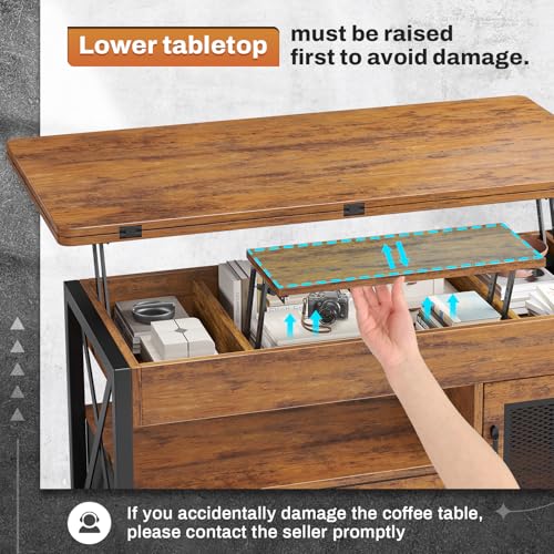 Itaar 40" Lift Top Coffee Table with Storage for Living Room, 4 in 1 Table | Rustic Brown LED Expandable Coffee Table with 2 Fabric Drawers & LED Light & Hidden Compartmen for Dining Living Room Table - color: Rustic Brown
