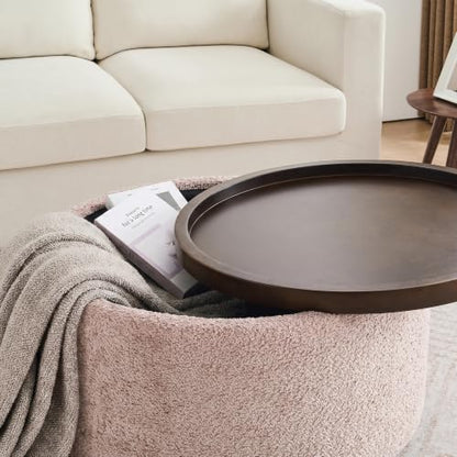 Zihanhome 30" Round Chenille Storage Ottoman Coffee Table with Removable Tray Top, Large Hidden Storage Ottoman, Solid Wood Legs for Living Room, Bedroom, Apartment (Pink) - color: Pink