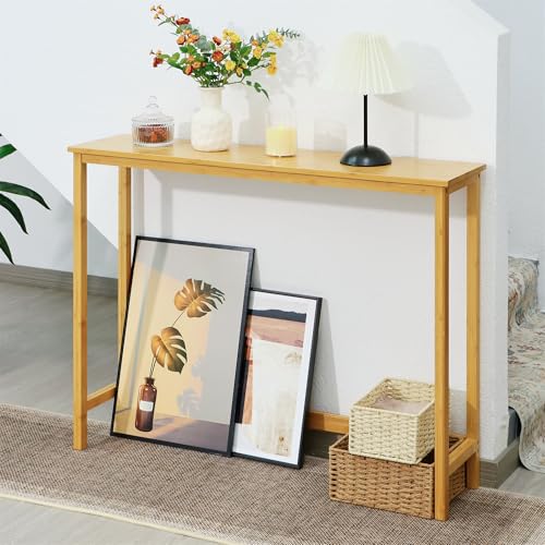 Bamboo Narrow Console Table, 39.4"(L) Wood Small Entryway Table, Accent Slim Hallway Tables, Thin Sofa Side Tables for Hallway, Living Room, Bedroom, Foyer, Burlywood - color: Burlywood