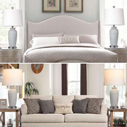 CINSARY 25" Farmhouse Jar Table Lamps Set of 2, 3 Way Touch Control Rustic Bedside Lamps with USB A+C Ports & AC Outlet, Pot Nightstand Lamps for Bedroom Living Room (LED Bulbs Included) - color: Grey-white