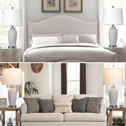 CINSARY 25" Farmhouse Jar Table Lamps Set of 2, 3 Way Touch Control Rustic Bedside Lamps with USB A+C Ports & AC Outlet, Pot Nightstand Lamps for Bedroom Living Room (LED Bulbs Included) - color: Grey-white