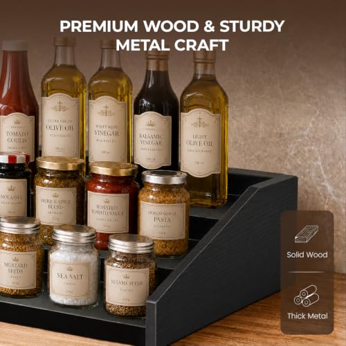 3-Tier Expandable Spice Rack Organizer, 12.8-22.6 in, Black | Adjustable, Countertop Stepped wood & iron Seasoning Organizer, Shelf for kitchen Cabinet Pantry Jars Bottles Syrup - color: Black