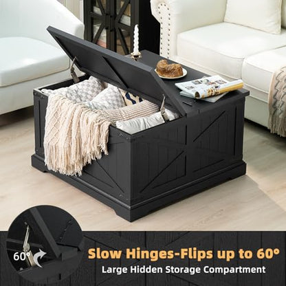 Joaxswe Farmhouse Coffee Table with Large Hidden Storage Compartment, Rustic Black Square Center Table, Wood Low Farm House Modern Living Room Tables with Hinged Lift Top & Wooden Arc Base - color: Black, style: With Base