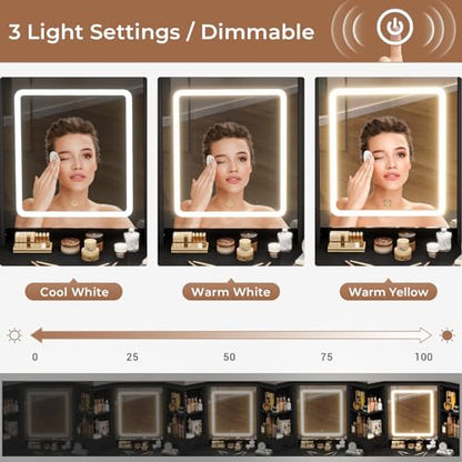 HAUOMS Vanity Desk with Mirror Lights, Storage Bench & Power Outlet, Black | Rotating Cabinet with 6 Shelves, 2 Drawers, 3 Light Settings, Touch Control Mirror, Space Saving for Women Girls - style: Modern Black