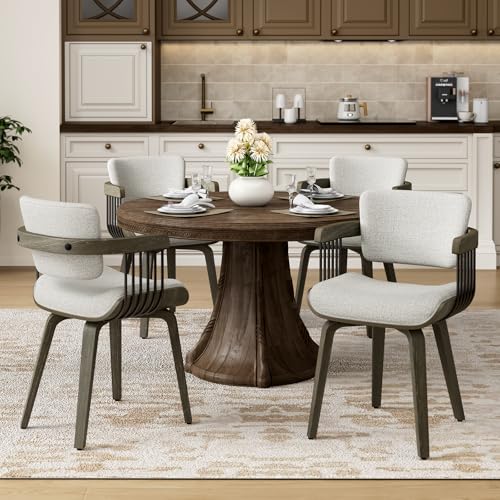 Dining Chairs with Armrest, Set of 2, Mid-Century Modern Kitchen Chair | with Wood Legs, Upholstered Fabric for Dining Room, Kitchen, Restaurant, Cafe, Beige - color: Beige