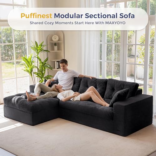 MAXYOYO Boneless Couch, 104-Inch L-Shaped Cloud Couch with Ottoman | Black Upholstered Sofa Features Layered Cushions and Flexible Modules with No Assembly, Ideal for Modern Living Rooms. - color: Black, size: 104" L Shape