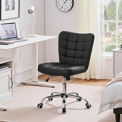Yaheetech Black Tufted Armless Office Desk Chair with Wheels, Faux Leather | Thick foam cushioned seat tilts back to relax, lifts 18-22 in, spins 360 degrees, holds 300 lb, and assembles with ease. - color: Black